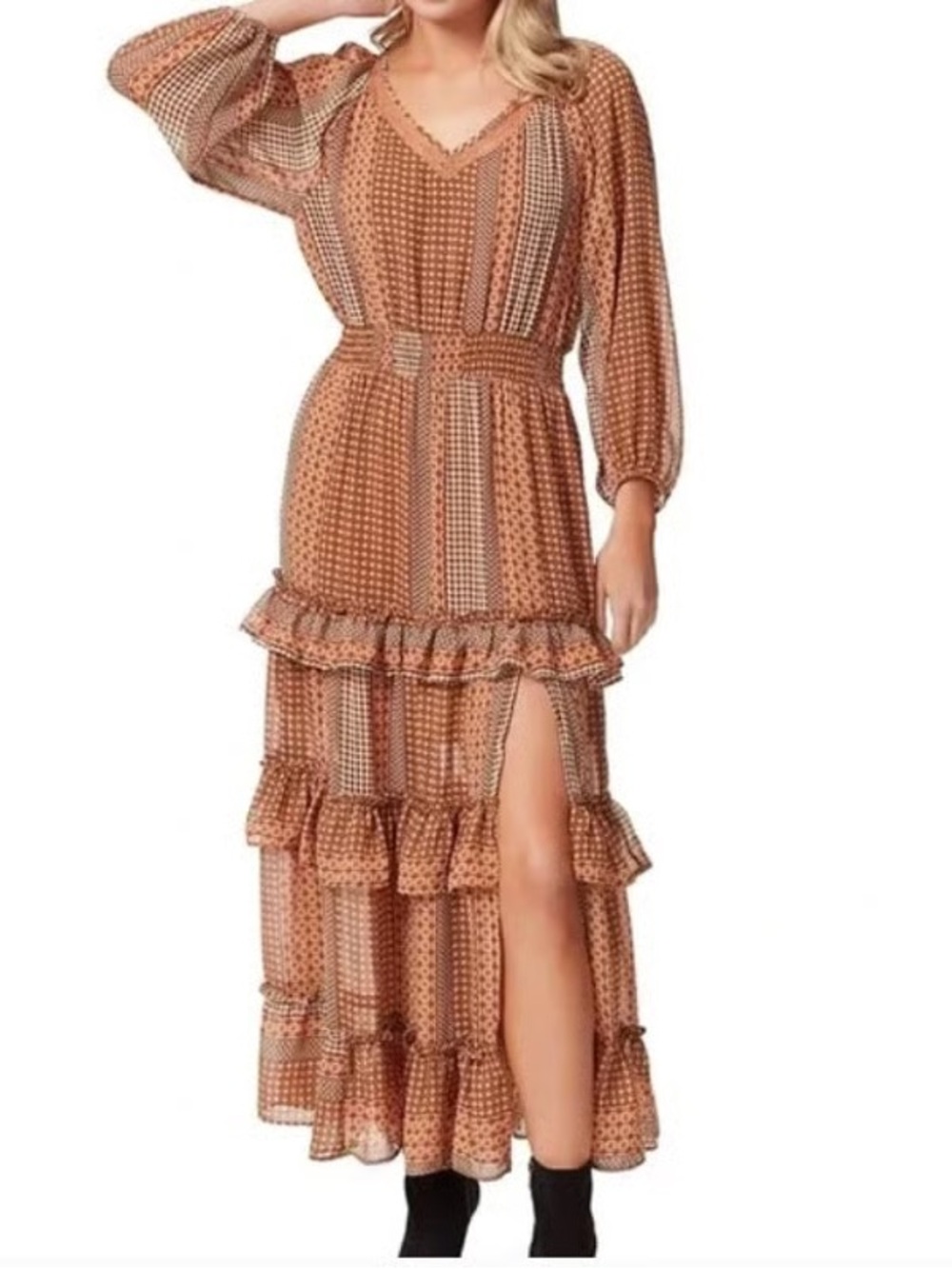 Jessica Simpson Golden Tan Printed V-Neck Blouse